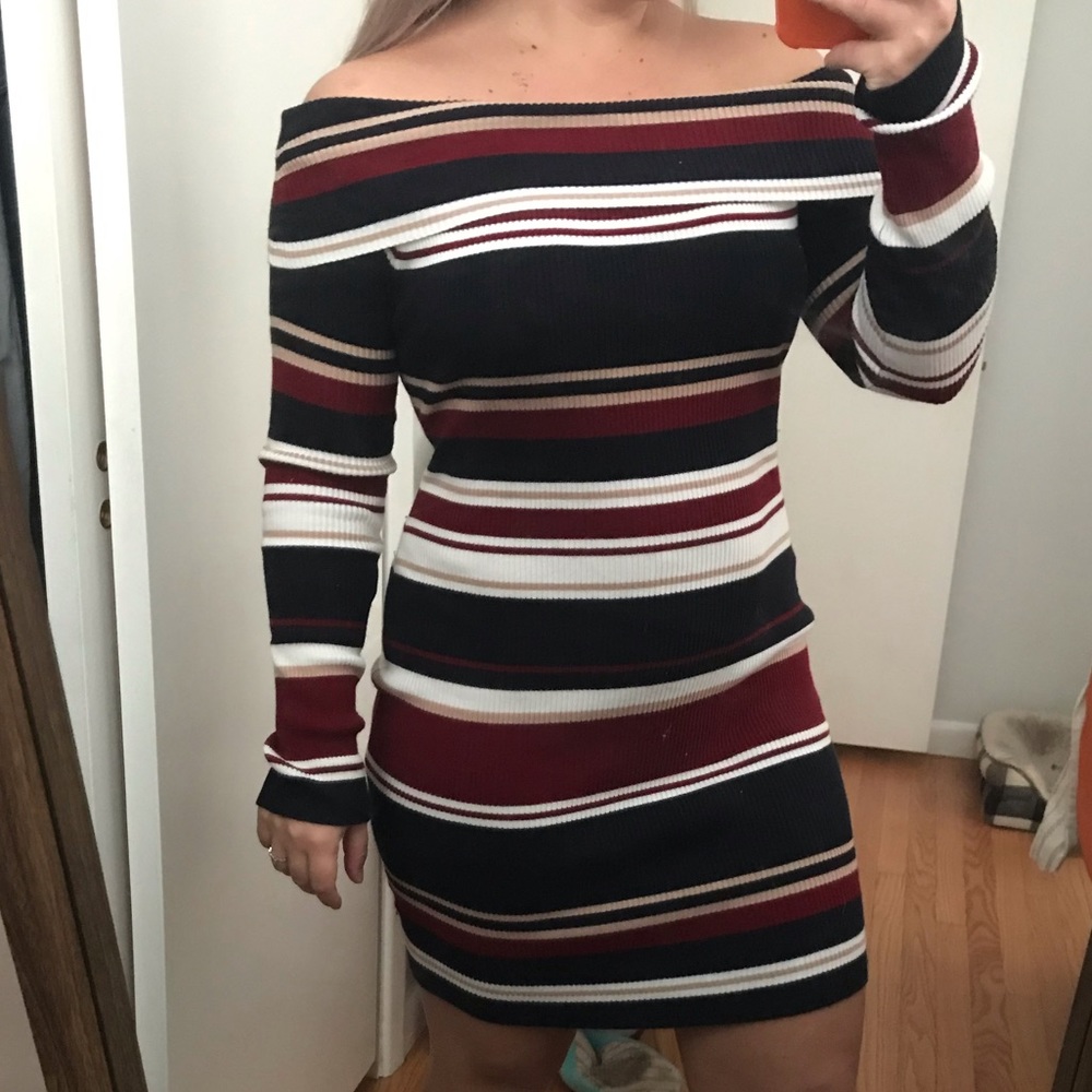 Stripped off the shoulder sweater dress